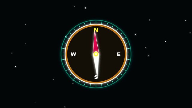 Digital compass instruments rotate inside a dark starry void as nautical charts reference columbus day themes with spinning pointers marking cardinal directions in deep space