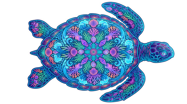 Ornate sea turtle mandala illustration, vibrant blue and purple marine animal art, intricate oceanic turtle shell design isolated on white background