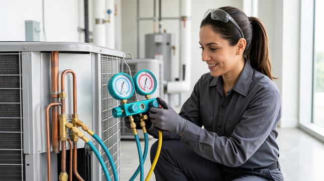 Female HVAC technician charging air conditioner with refrigerant. Smiling woman mechanic using manifold gauges on outdoor AC condenser unit