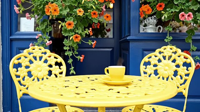 Vibrant Yellow Ornate Cast-Iron Patio Dining Set Against a Bright Blue Wall with Orange Flower Boxes
