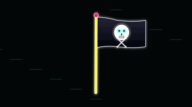 Three neon skull pirate flags floating against a dark void referencing classic nautical charts as a thematic nod toward celebratory events like festive columbus day