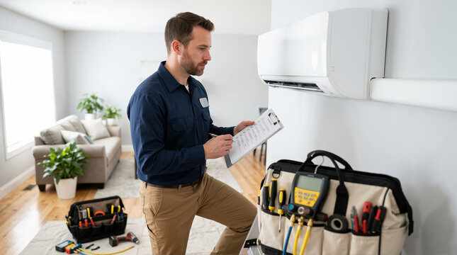 Male HVAC technician filling out an inspection checklist for a mini-split air conditioner. Professional man with a clipboard and tool bag evaluating a home cooling system