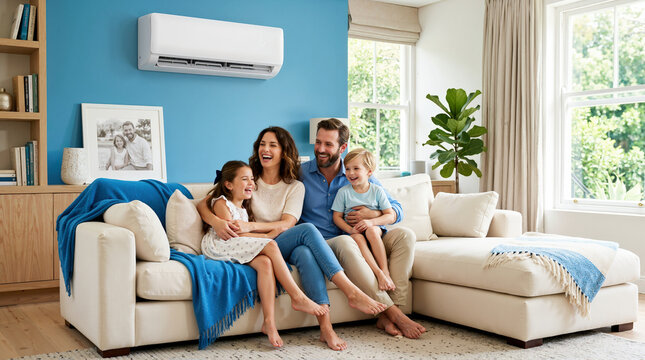 Happy family laughing on sofa under air conditioner. Parents and children enjoying cool indoor climate