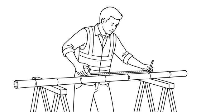 Construction Worker Measuring Bamboo Pole Line Art Vector
