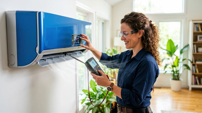 Female technician testing ductless mini split air conditioner. HVAC specialist servicing blue wall unit