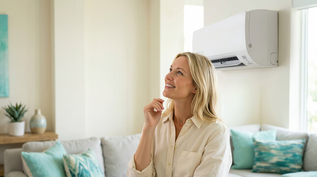 Smiling woman looking at ductless mini split air conditioner. Happy homeowner enjoying cool air in modern living room
