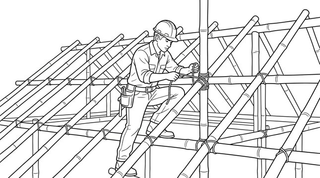 Construction Worker Building Bamboo Roof Frame Traditional Scaffolding Line Art Illustration