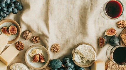 Fototapeta premium Artisanal Cheese Board Spread with Grapes, Figs, Walnuts, and Red Wine on Rustic Linen