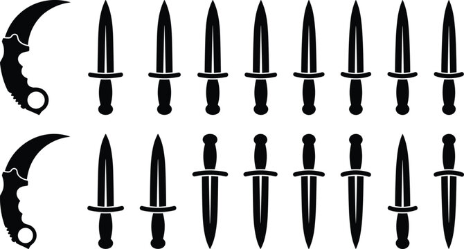 Collection of combat knife and tactical dagger black silhouettes isolated on a white background