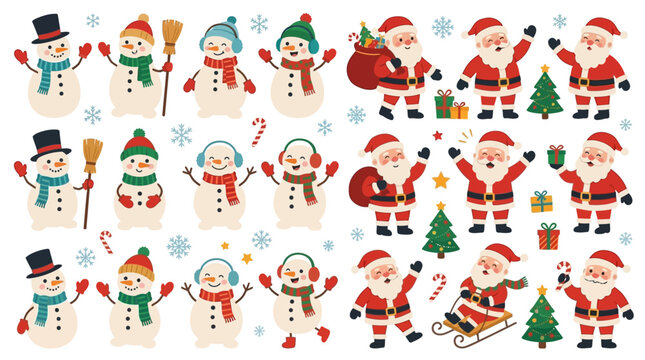 Vibrant Set of Cute Festive Snowman and Jolly Santa Claus Illustrations in a Playful Children Style Vector Art for Christmas Winter Holiday Celebration Seasonal Greeting Cards and Graphic Design
