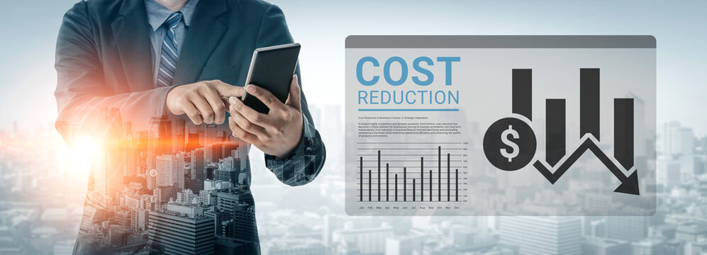A businessman engages with financial data on a tablet, featuring cost reduction graphs and investment metrics in a contemporary office setting, symbolizing modernization and strategy. Ledger