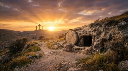 Empty tomb opening to a radiant sunrise symbolizing resurrection and hope on Easter morning.
