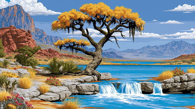 Large golden autumn tree by blue lake and mountain landscape