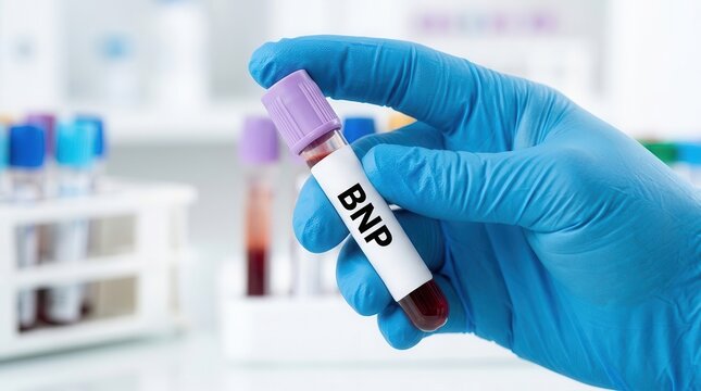 A doctor holding a BNP blood test tube to assess heart failure severity and cardiac stress.