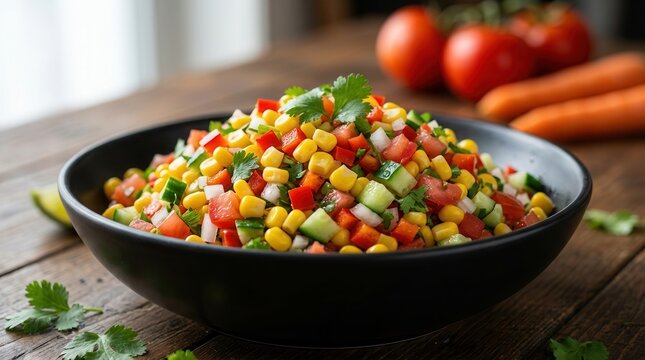 Colorful mix of corn, peppers, herbs, and onion in a bowl.