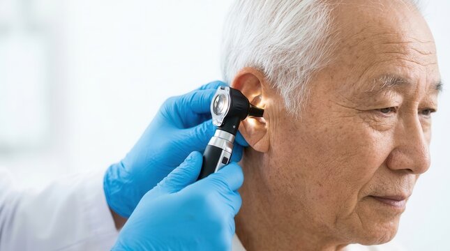 A doctor using an otoscope for an ear examination on a senior man.
