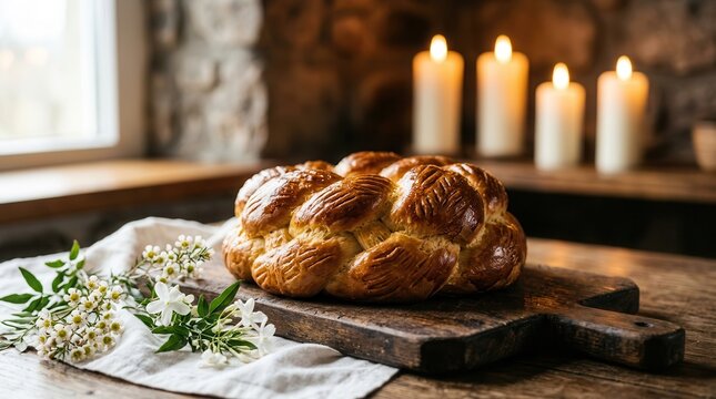 Traditional paska bread with a golden brown crust and scored top on a rustic table.