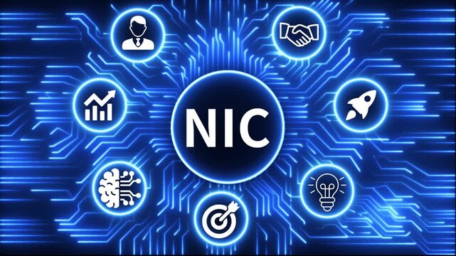 NIC icon surrounded by smaller icons for ai manufacturing strategy. A glowing neon, and manufacturing process management all connected in a digital circuit like pattern, 4k video 