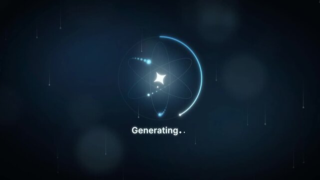 Glowing blue AI spark with orbiting particles and circular loader ring on dark Generating screen