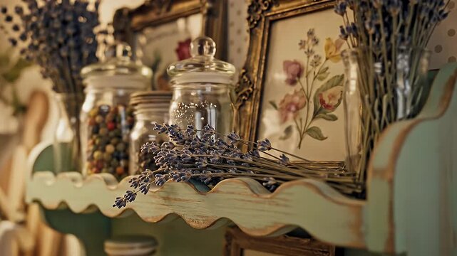 Vintage Shabby Chic Kitchen Shelf Display with Lavender, Frames and Jars