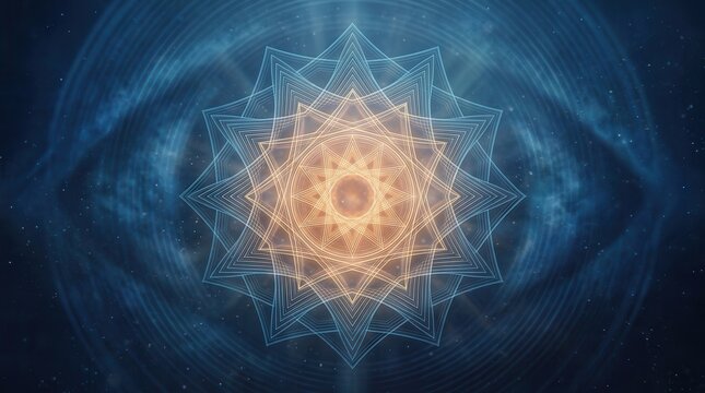 Intricate geometric star symbol on a blue cosmic background for spiritual meditation.