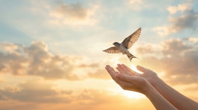 A free bird flies from a woman's praying hands against a sunset background representing hope.