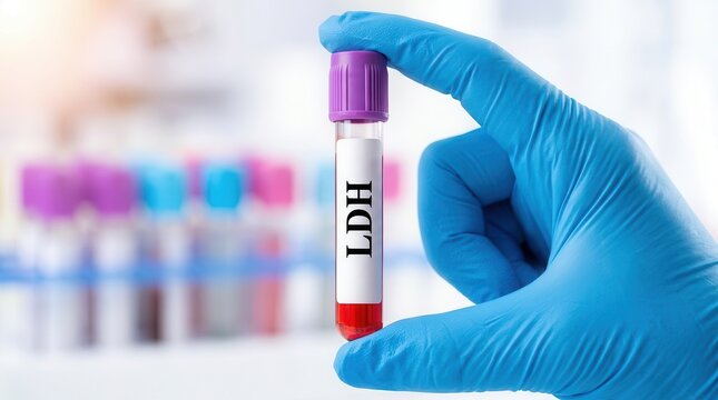 Doctor holding a blood sample tube for LDH test in a modern medical laboratory.