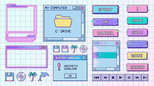 Vintage Vaporwave Digital User Interface Design Collection Featuring Retro Computer Window Element Aesthetic Graphic Popup Icon and Nostalgic Desktop Artwork in Pastel Cyberpunk Palette