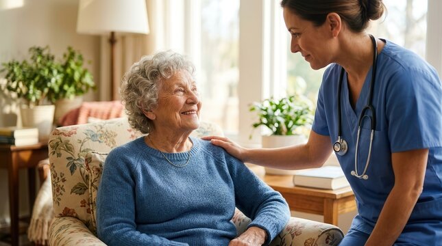 Palliative care physician having a goals-of-care conversation with an elderly patient in a sunlit hospice room