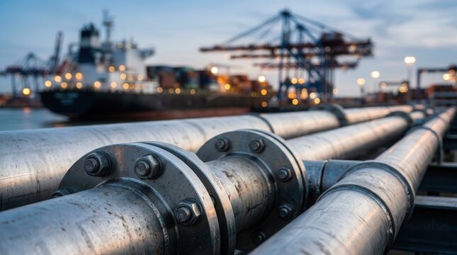 Close-up of industrial pipeline bends and flanges at a busy urban port.