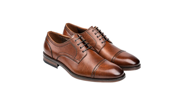 Pair of classic elegant brown leather men dress shoes fashion isolated on transparent background