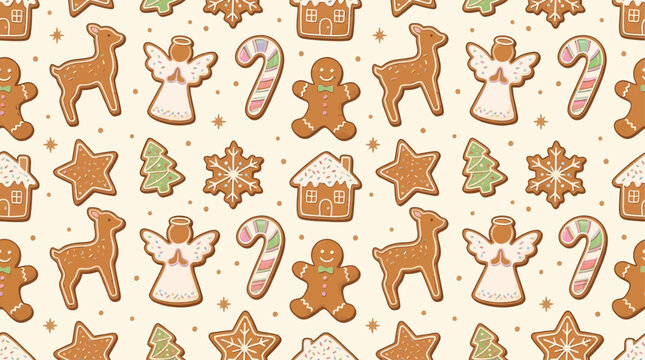 Festive Seamless Pattern with Christmas Gingerbread Cookies Winter Sweet Homemade Spiced Biscuits Ornamented with White Icing on Texture Background for Holiday Celebration Backdrop