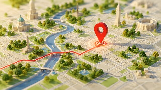 Realistic miniature tilt-shift 3D city map with classical architecture, river, and red location pin with navigation route
