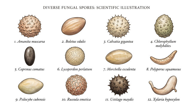 Scientific illustration of 12 diverse fungal spores, vintage botanical chart of mushroom spore types, educational biology diagram with Latin labels