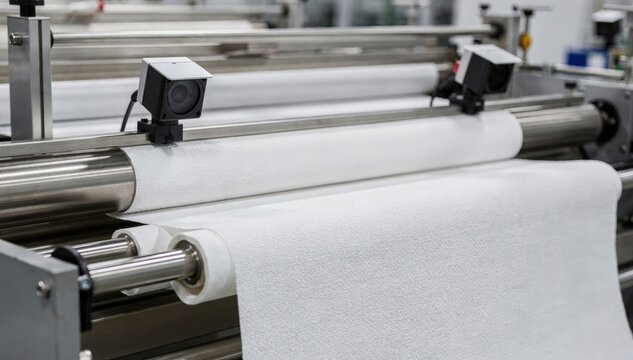 Medium shot of an automated napkin rewind line where cameras monitor fabric textures enabling precise defect detection and flawless product output during rewinding.