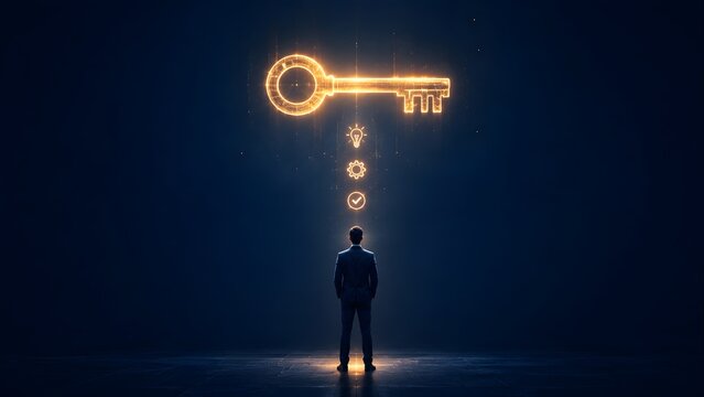 Businessman looking at glowing golden key of success with lightbulb and gear icons representing innovation and solutions
