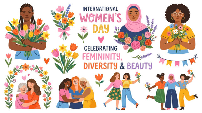 Flat vector illustration set featuring diverse women holding floral bouquets for International Women's Day celebration, spring botanical garden theme with feminine elegance and empowerment.