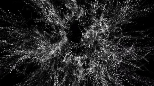 Abstract particle explosion effect in monochrome motion graphic animation.