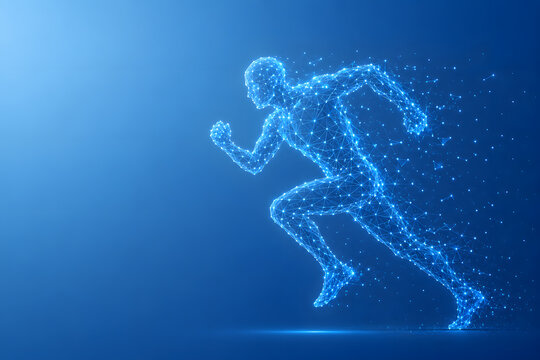 Glowing digital wireframe man running on blue background