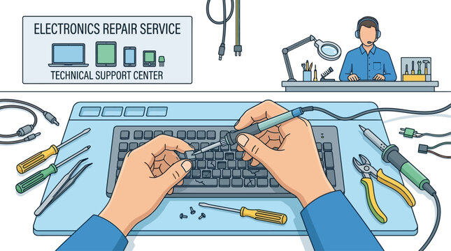 Professional Technician Repairing Damaged Computer Keyboard with Precision Electronic Tool, Close up View of Human Hands Fixing Broken Hardware Component and Performing Technical Maintenance