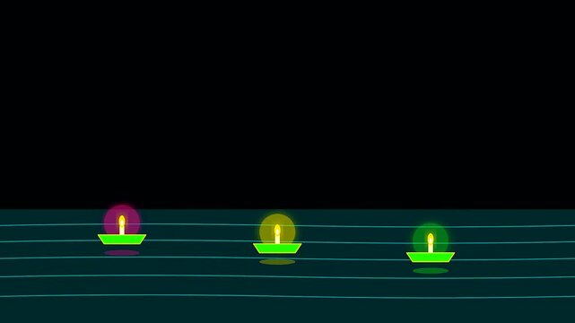 a line of radiant sustainable lamps glows in the darkness reflecting peaceful light patterns across the water surface during the festive diwali festival celebration tonight