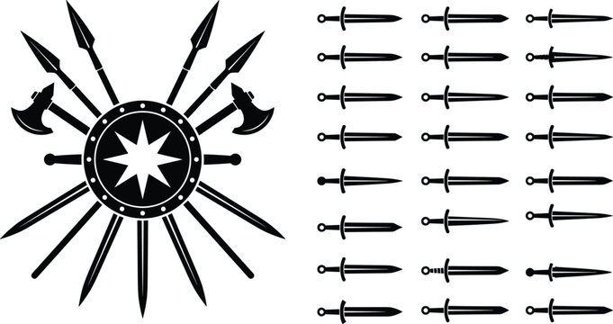 Medieval Weapons Silhouette Set Featuring Crossed Swords Spears Battle Axes and Round Shield Design