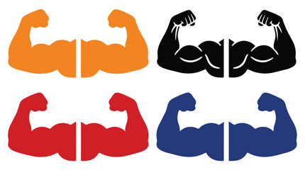 Muscle Flex Icons: A set of four stylized icons depicting flexing muscular arms in vibrant colors, representing strength, power, and fitness. © fantastic