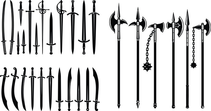 Medieval weapons vector silhouettes set featuring ancient swords, daggers, polearms, halberds, and battle axes on a white background