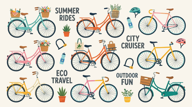 Collection of Modern Vector Bicycle Icons in Flat Design Featuring Colorful Cute Bikes with Wicker Front Baskets for Urban Transport and Eco Friendly Commuting Illustration