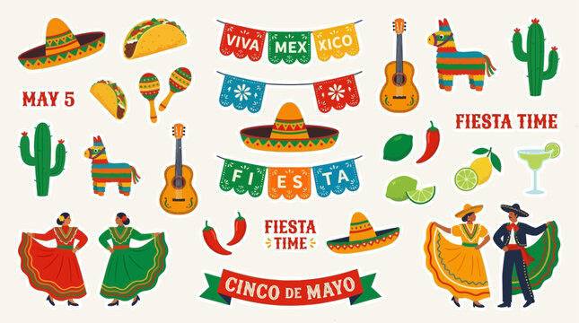 Cinco de Mayo Festive Sticker Collection Featuring Mexican Cultural Elements for May 5 Federal Holiday Celebration Including Vibrant Party Banner and Social Media Post Graphics Illustration