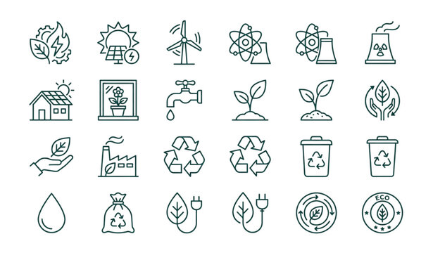 Environmental Thin Line Icon Collection with Renewable Energy Bio Solar Wind Nuclear and Eco Lifestyle Symbols