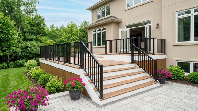 Modern home backyard featuring a composite deck and black metal railing.