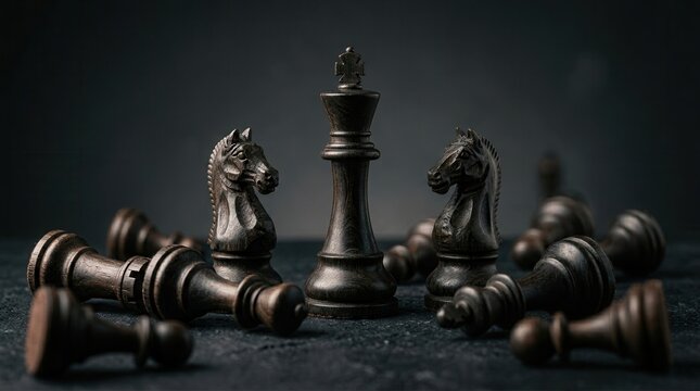 Victorious chess pieces standing tall while fallen ones lie scattered on a dark background.
