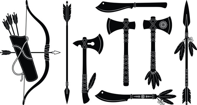 Set of ancient indigenous tribal weapons silhouettes including bow, arrows, tomahawk axes, knives, and spear